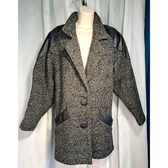 Vintage 80s Ann-Gee Wool Blend Coat XL Black Lined Tweed Leather Trim 11/12 - Picture 1 of 14